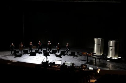 A wide-angled view of the London Vegetable Orchestra performing next to two of LG’s advanced refrigerators.