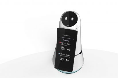 A front view of the Airport Guide Robot with the main display positioned at its front.