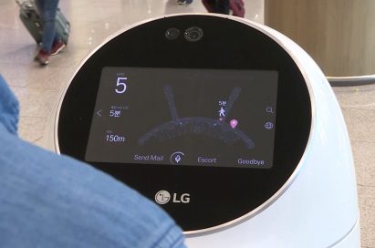 A close-up of the Airport Guide Robot’s head display, which is showing a map of the terminal to a traveler at Incheon International Airport, Korea.