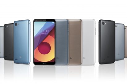 The front and back view of the LG Q6 in Astro Black, Ice Platinum, Terra Gold and Mystic White, the LG Q6+ in Ice Platinum, Astro Black and Marine Blue and the LG Q6α in Astro Black, Ice Platinum and Terra Gold