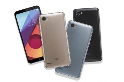 The front and back view of the LG Q6α in Astro Black, Ice Platinum and Terra Gold