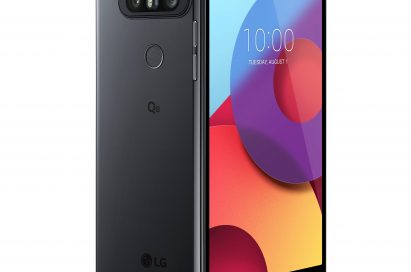 The front and rear view of the LG Q8 in Urban Titan