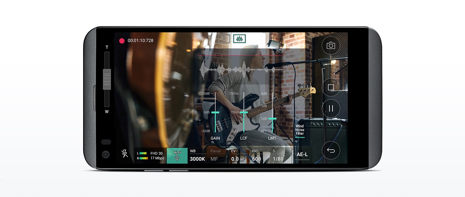 The front view of the LG Q8, with the screen displaying the Hi-Fi Recording of a woman singing and playing the guitar