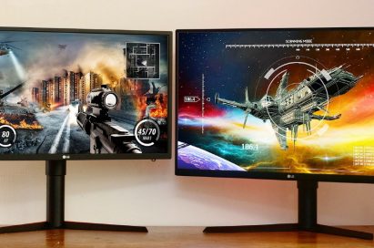 Front view of the LG GK monitor models 27GK750 and 32GK850 side-by-side