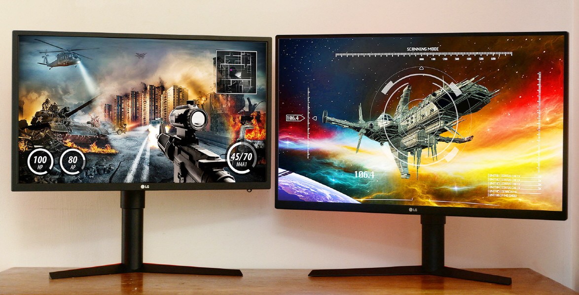 Front view of the LG GK monitor models 27GK750 and 32GK850 side-by-side