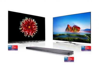 Ultra-slim LG OLED TV (model OLED65E7), LG SUPER UHD TV (model 55SJ850V) and LG Soundbar (model SJ9) with EISA AWARD Best Product logos attached to each product