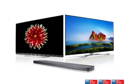 Ultra-slim LG OLED TV (model OLED65E7), LG SUPER UHD TV (model 55SJ850V) and LG Soundbar (model SJ9) above three EISA AWARD Best Product logos