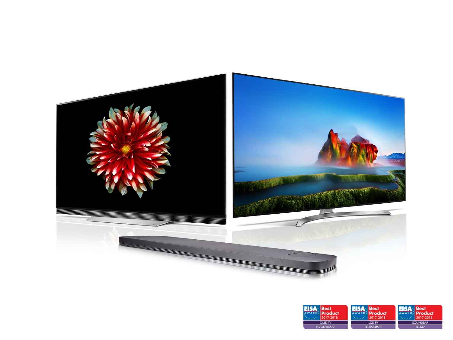 Ultra-slim LG OLED TV (model OLED65E7), LG SUPER UHD TV (model 55SJ850V) and LG Soundbar (model SJ9) above three EISA AWARD Best Product logos