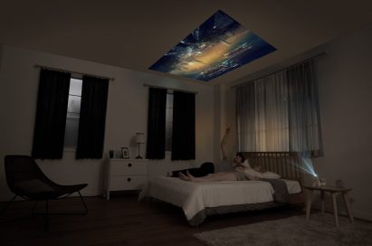 A usage scenario for the LG MiniBeam Projector in the bedroom