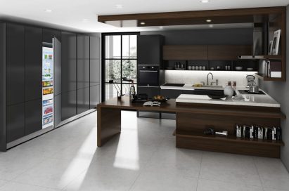 Kitchen black and dark wood cabinets featuring the complete European LG STUDIO package includes induction cooktop, oven and refrigerator.