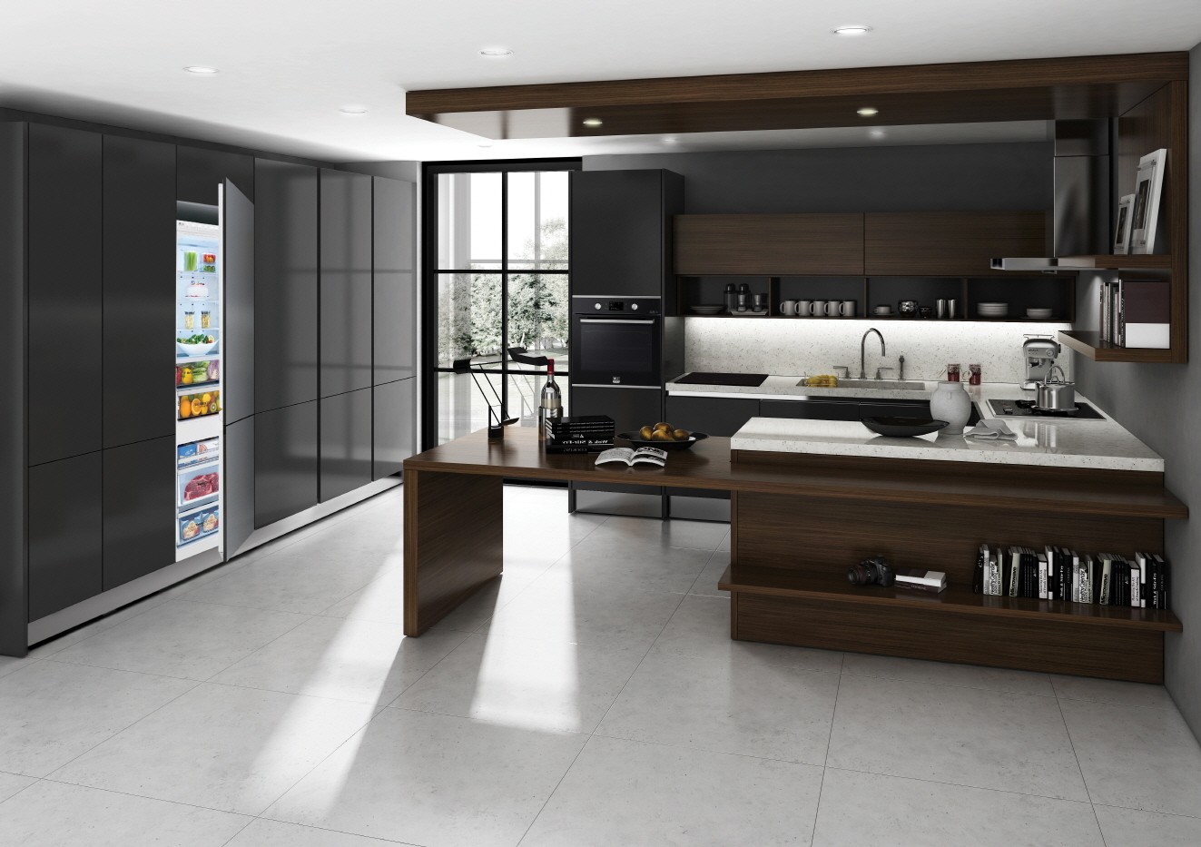 Kitchen black and dark wood cabinets featuring the complete European LG STUDIO package includes induction cooktop, oven and refrigerator.