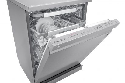 LG SteamClean™ dishwasher with the door slightly open and filled with various clean dishes