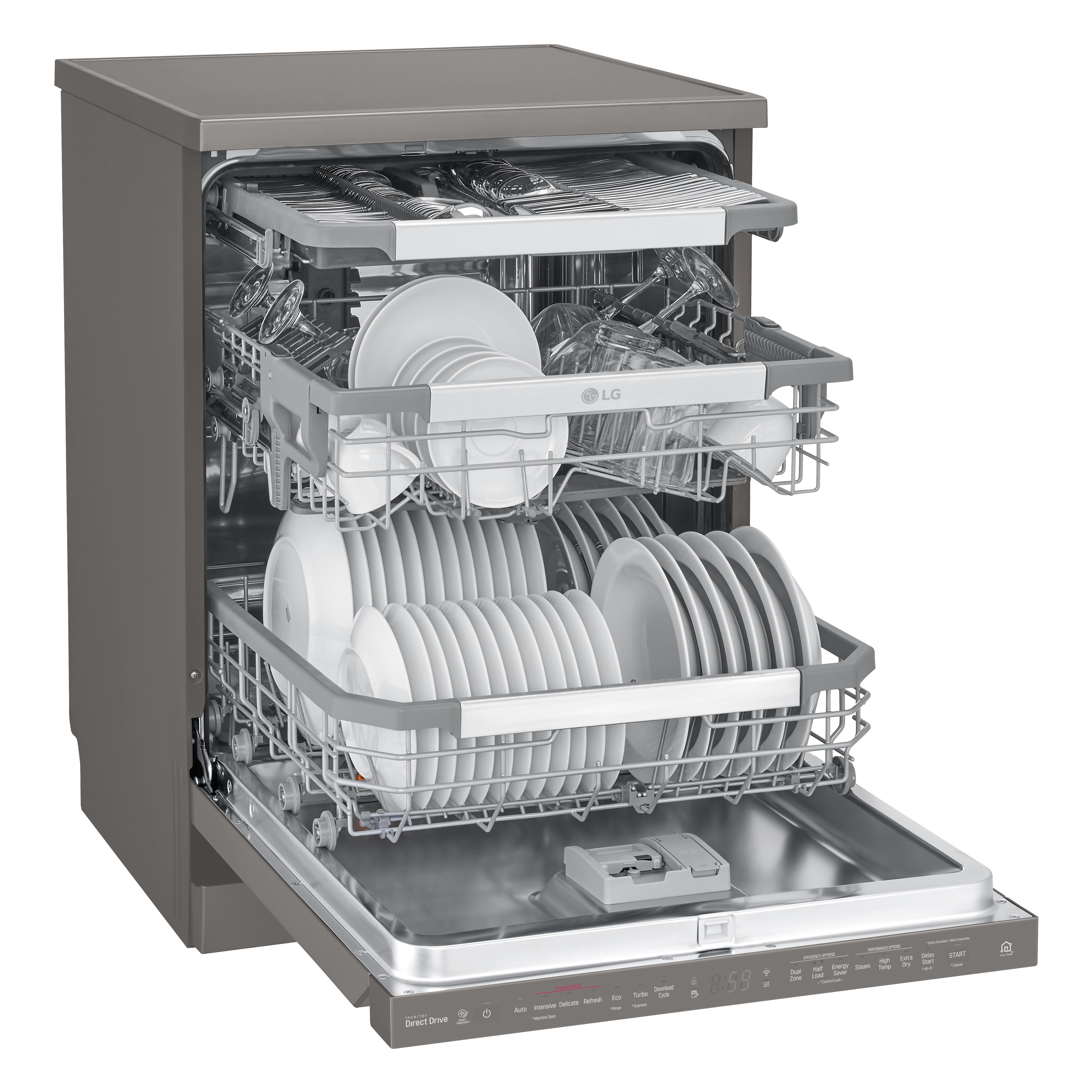 LG SteamClean™ dishwasher completely open and filled with various clean dishes on the three racks.