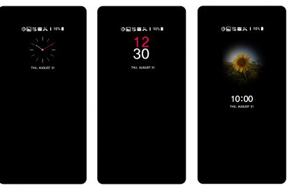 Three screenshots of the LG V30 when powered off, showing off various customizable AOD (always-on display) styles