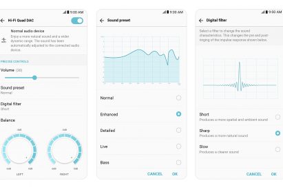 Three screenshots of the LG V30’s Hi-Fi Quad DAC settings, which allow users to control left and right audio signals and select sound presets and digital filters