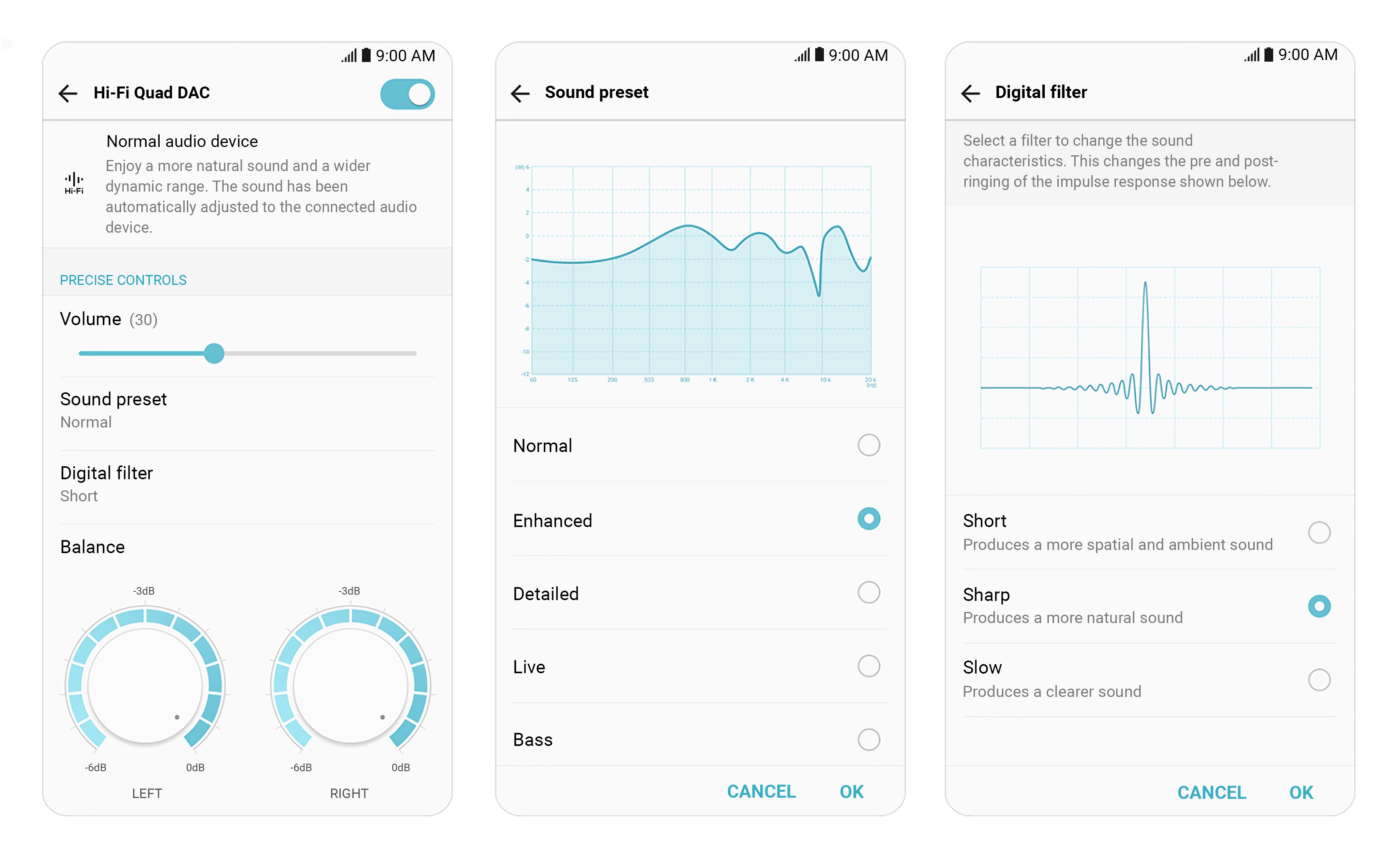 Three screenshots of the LG V30’s Hi-Fi Quad DAC settings, which allow users to control left and right audio signals and select sound presets and digital filters