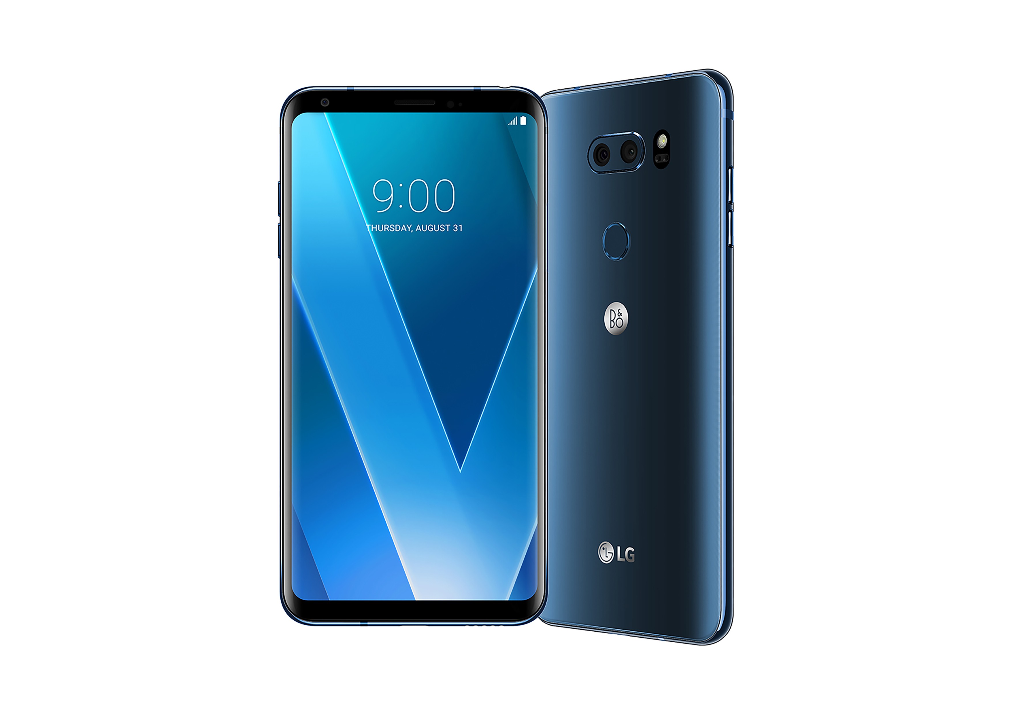 The front and rear view of the LG V30 in Moroccan Blue
