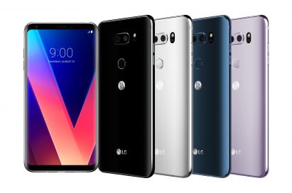 The front and back view of the LG V30 in Aurora Black, Cloud Silver, Moroccan Blue and Lavender Violet