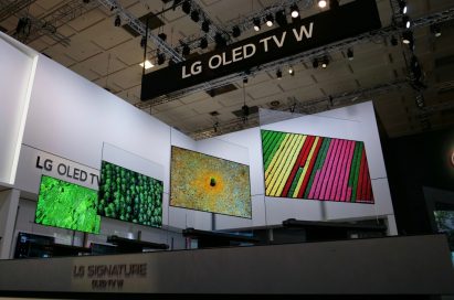 Another angle of four LG SIGNATURE OLED TV Ws displaying optimized colors on show at IFA 2017