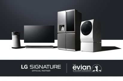 The LG SIGNATURE lineup consisting of the OLED TV, TWIN Wash™ washing machine, InstaView refrigerator and futuristic air purifier.