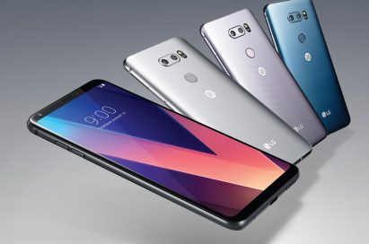 The front and rear view of the LG V30 in Aurora Black, Cloud Silver, Lavender Violet and Moroccan Blue