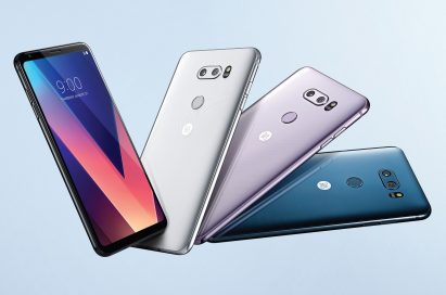 The front and rear view of the LG V30 in Aurora Black, Cloud Silver, Lavender Violet and Moroccan Blue