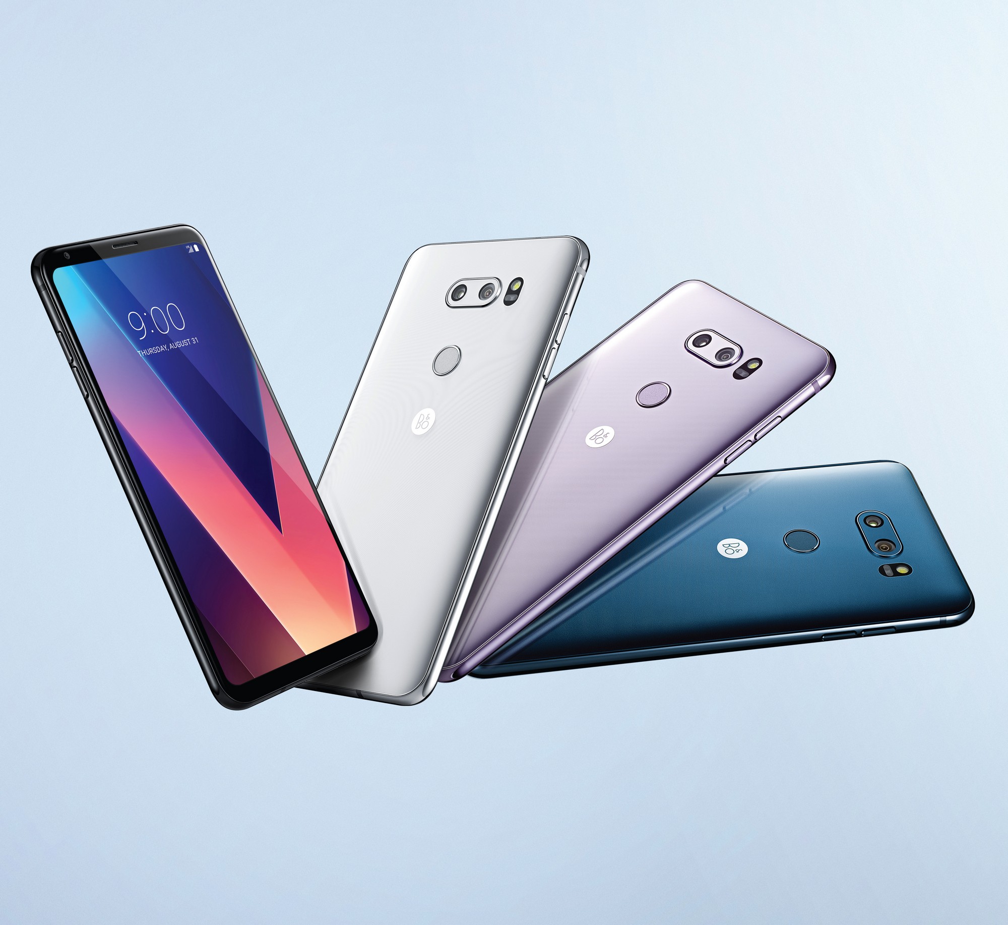 The front and rear view of the LG V30 in Aurora Black, Cloud Silver, Lavender Violet and Moroccan Blue