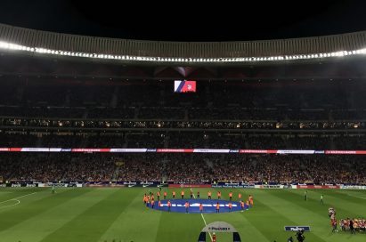 A wide view of Atletico de Madrid’s football stadium with LG’s signage in the background