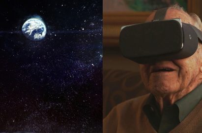 Screenshot of an LG advertisement featuring octogenarian astronaut Jim Lovell experiencing a moonwalk in VR, with the help of the LG V30 and Google Daydream