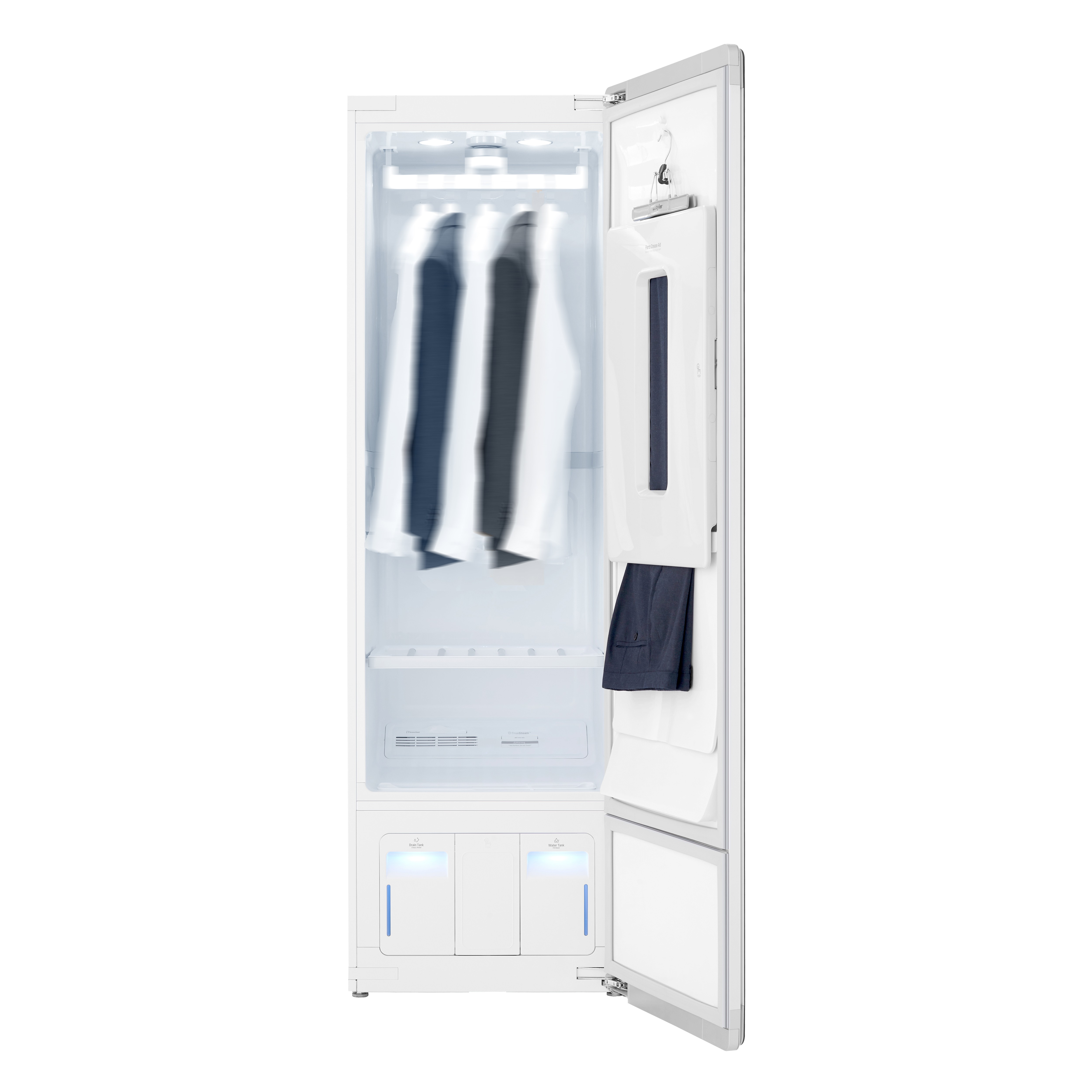 Front view of LG Styler with its door open, showing trousers hanging on the door and a jacket and white shirt hanging inside