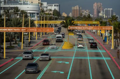 Cars depicting a demo of the traffic gauged by the HERE technologies digital mapping and location services.