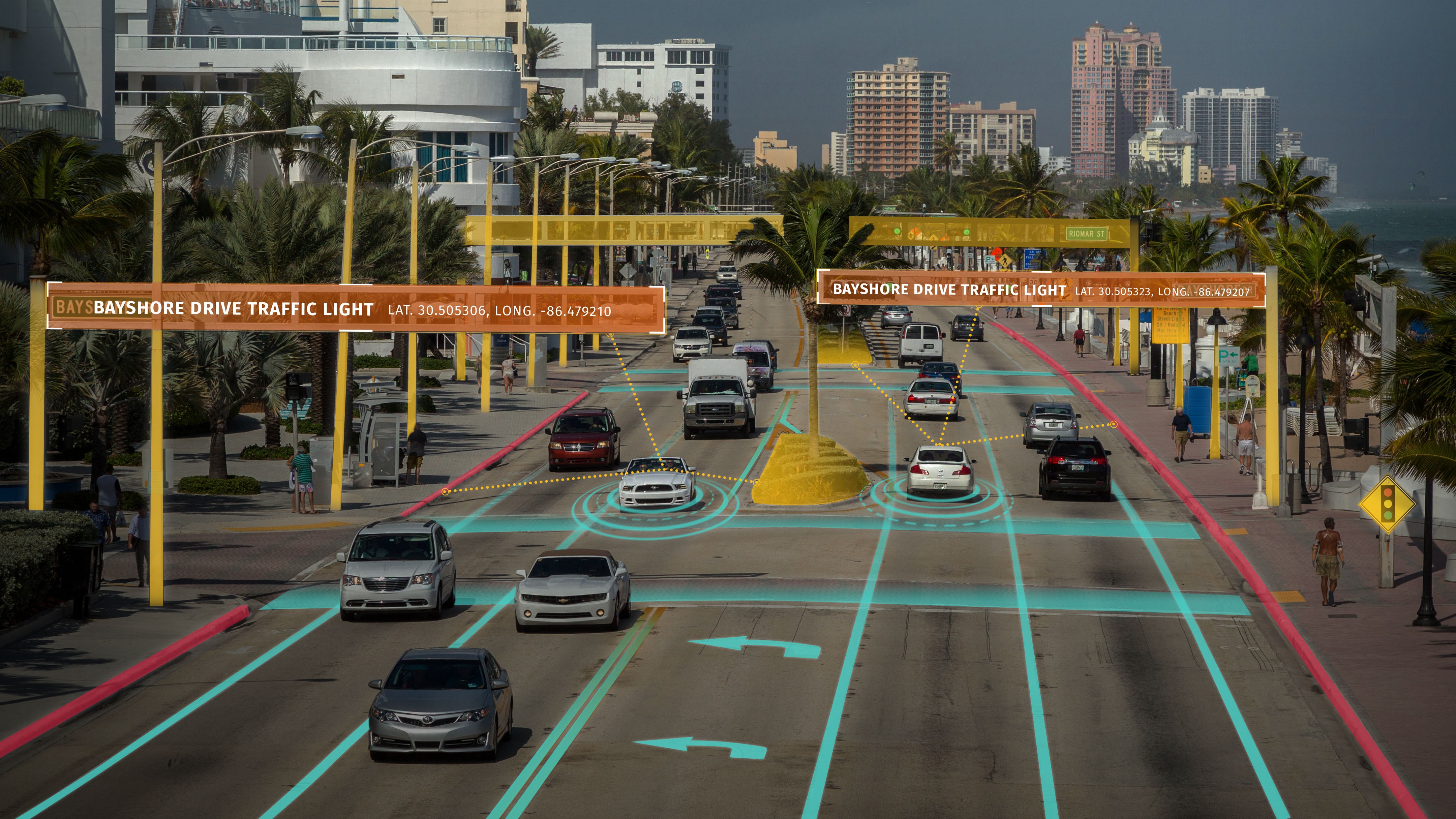 Cars depicting a demo of the traffic gauged by the HERE technologies digital mapping and location services.