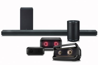 The LG Speaker Lineup including its SoundBar, Portable speaker and ThinQ Speaker