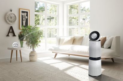 LG PuriCare air purifier and fine dust sensor placed on either side of the living room