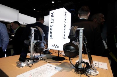 A display highlighting the Hi-Fi sound of the LG V30 smartphone, with plenty of V30s connected to headphones available for visitors to try out