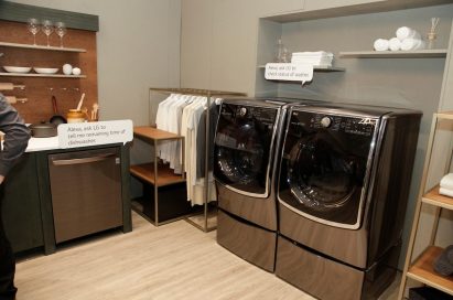 An LG TWINWash washer and dryer pair on display in LG’s Smart Home zone at CES 2018 booth to introduce its support for Alexa AI voice control.