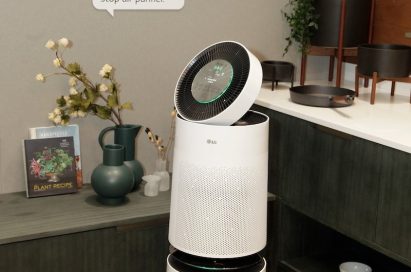 View of the LG PuriCare air purifier in the center of the LG Smart Home zone at the company’s CES 2018 booth, to introduce support for Alexa AI voice control.