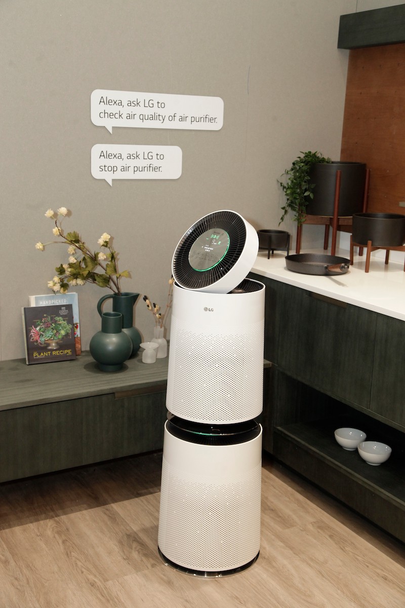 View of the LG PuriCare air purifier in the center of the LG Smart Home zone at the company’s CES 2018 booth, to introduce support for Alexa AI voice control.
