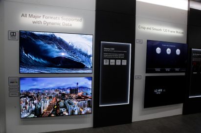Inside the demonstration zone for LG’s TV technology, with several TV screens displaying vibrant, crystal-clear imagery