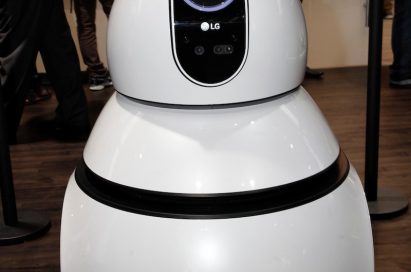 A closeup of the LG CLOi Airport Cleaning Robot’s front