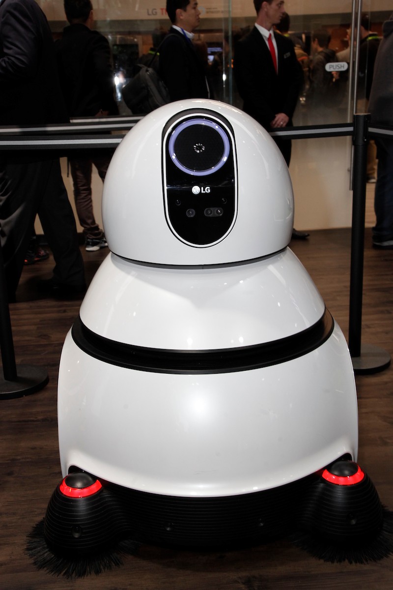 A closeup of the LG CLOi Airport Cleaning Robot’s front