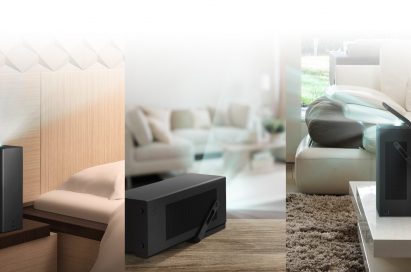 Series of three images showing LG’s 4K UHD projector positioned in different places around the home: on a beside cabinet, a shelf, and a coffee table
