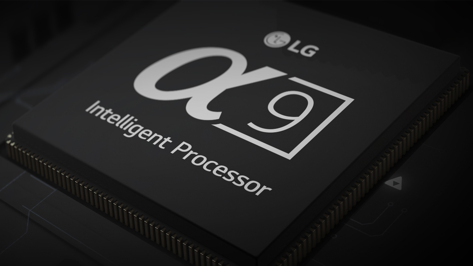 Closeup of the LG Alpha 9 Intelligent Processor fitted into an LG ThinQ AI TV circuit board