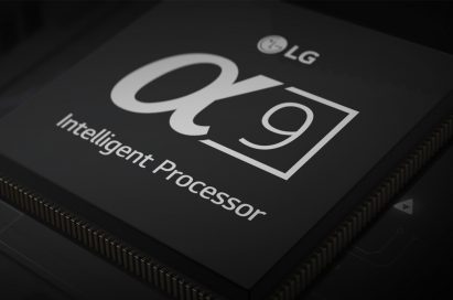 Close-up of LG’s Alpha 9 Intelligent Processor fitted into an LG ThinQ AI TV circuit board