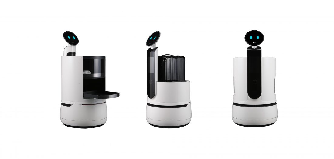 Image of CLOi robot lineup: LG CLOi ServeBot, LG CLOi PorterBot and LG CLOi CartBot