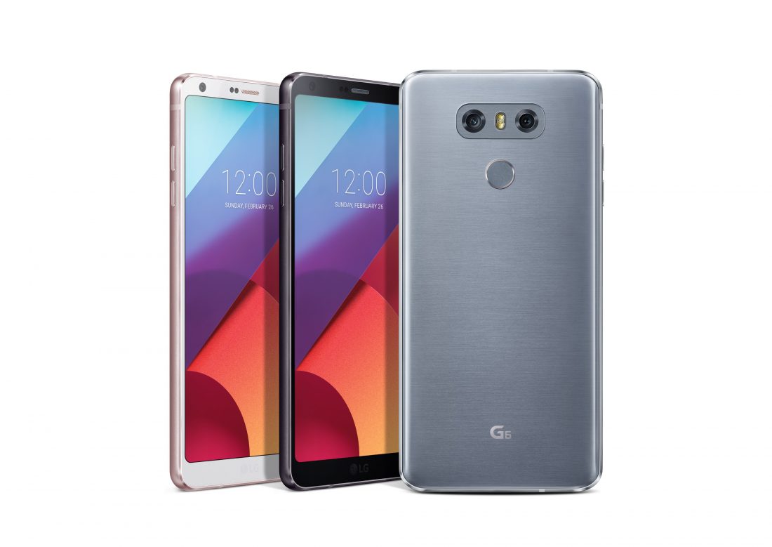 Rear view of an LG G6 and front view of two LG G6 phones showing three color options
