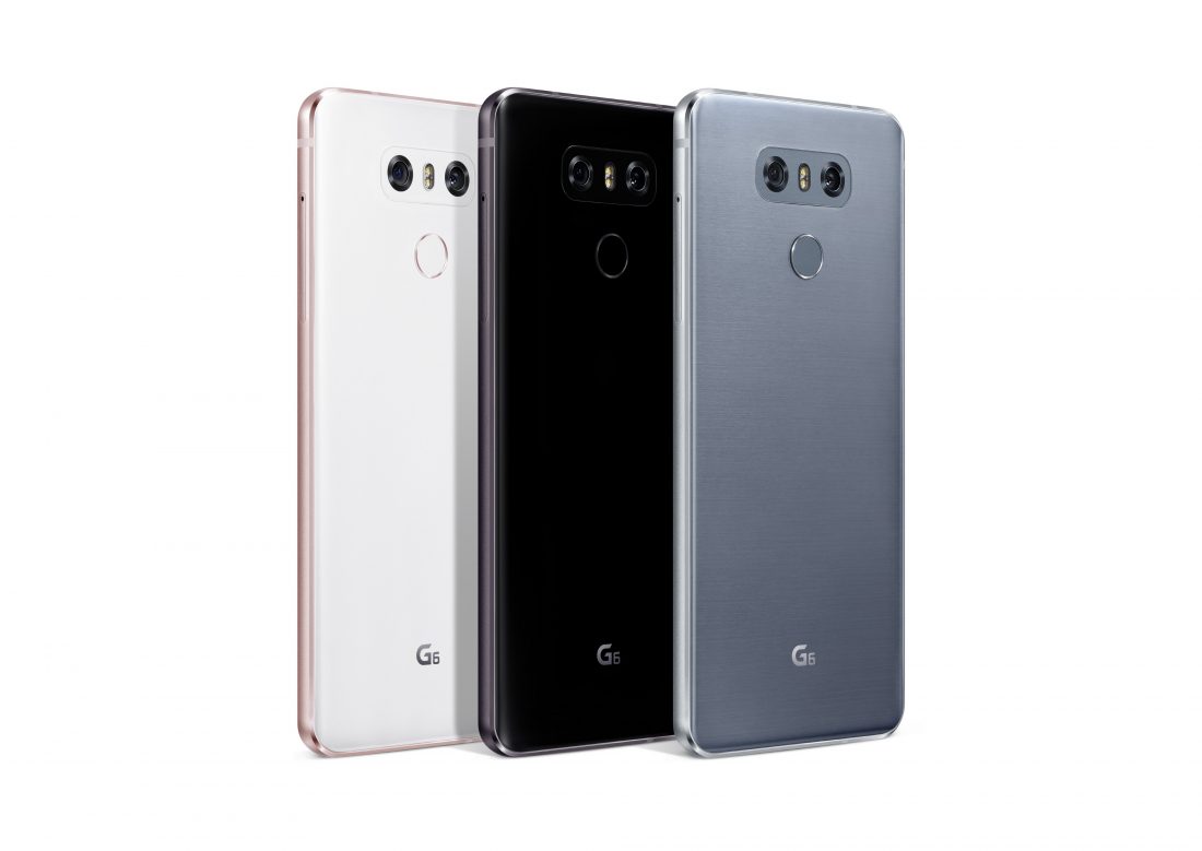Rear view of three LG G6 phones showing three color options