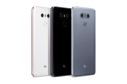 Rear view of three LG G6 phones showing three color options