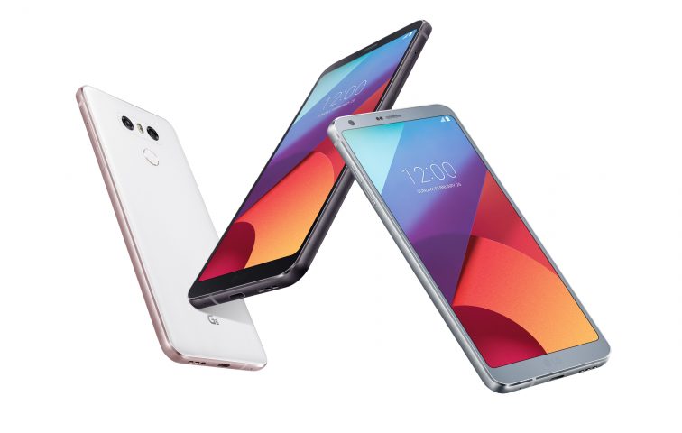 Three LG G6 phones form a zig zag pattern