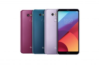 The front and rear view of the LG G6 in Raspberry Rose, Moroccan Blue and Lavender Violet